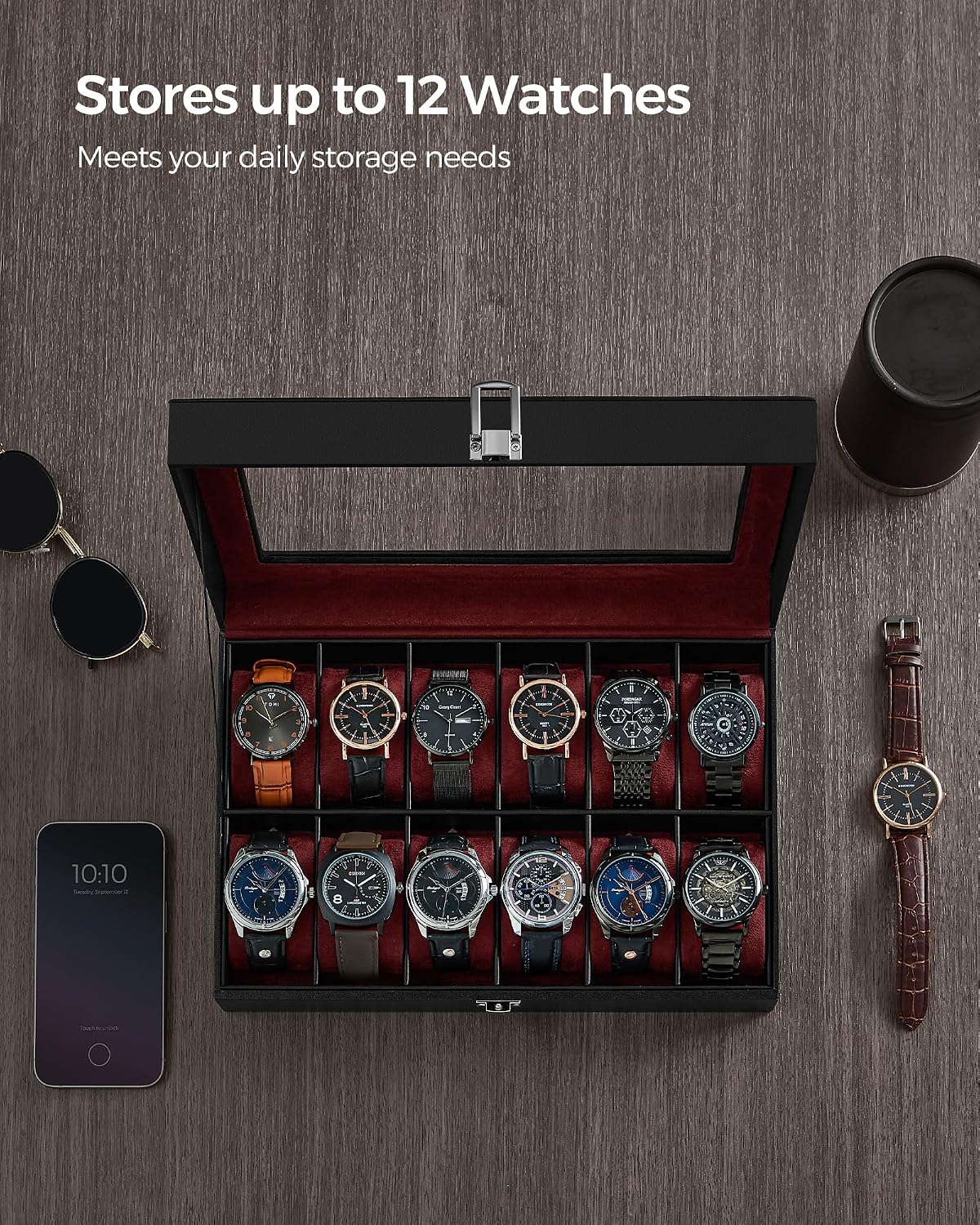 SONGMICS Watch Box, 12-Slot Watch Case Organizer with Large Glass Lid, Removable Pillows, Gift for Loved Ones, Black Synthetic Leather, Gray Lining UJWB12BK