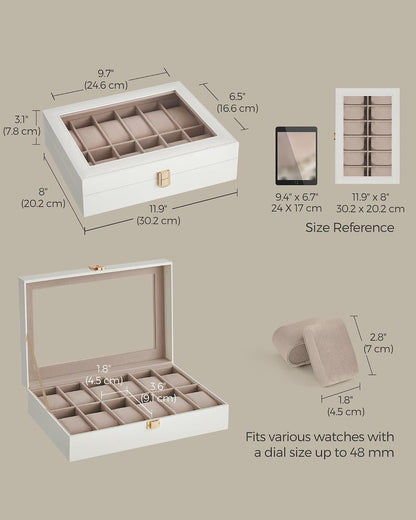 SONGMICS Watch Box, 12-Slot Watch Case Organizer with Large Glass Lid, Removable Pillows, Gift for Loved Ones, Black Synthetic Leather, Gray Lining UJWB12BK