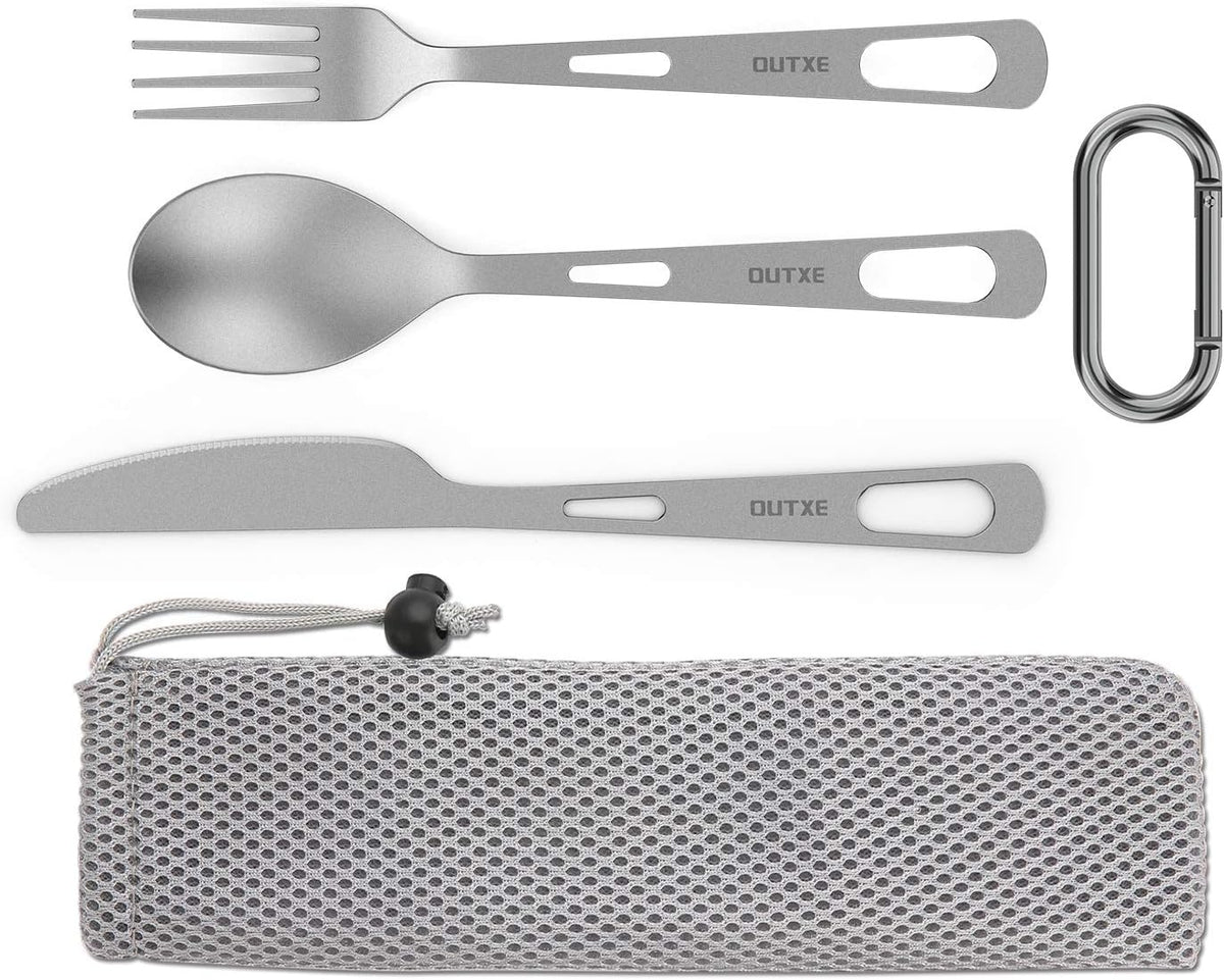 Titanium Flatware Knife Fork Spoon Set Lightweight Ti Camping Utility Cutlery Set with Carrying Bag for Traveling Picnic Hiking