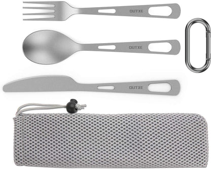 Titanium Flatware Knife Fork Spoon Set Lightweight Ti Camping Utility Cutlery Set with Carrying Bag for Traveling Picnic Hiking