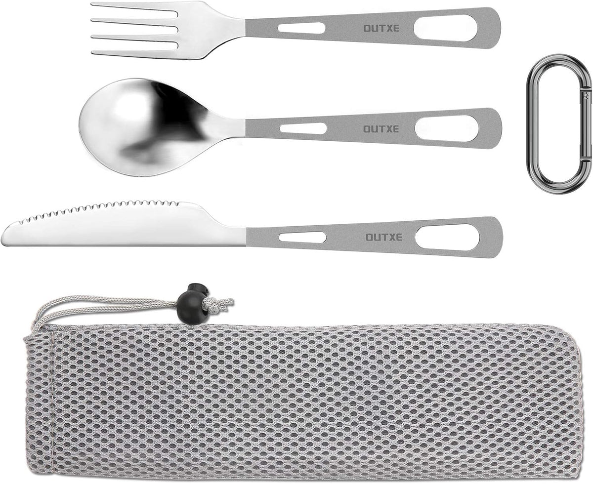 Titanium Flatware Knife Fork Spoon Set Lightweight Ti Camping Utility Cutlery Set with Carrying Bag for Traveling Picnic Hiking