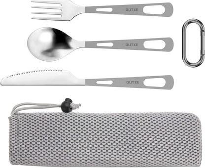 Titanium Flatware Knife Fork Spoon Set Lightweight Ti Camping Utility Cutlery Set with Carrying Bag for Traveling Picnic Hiking