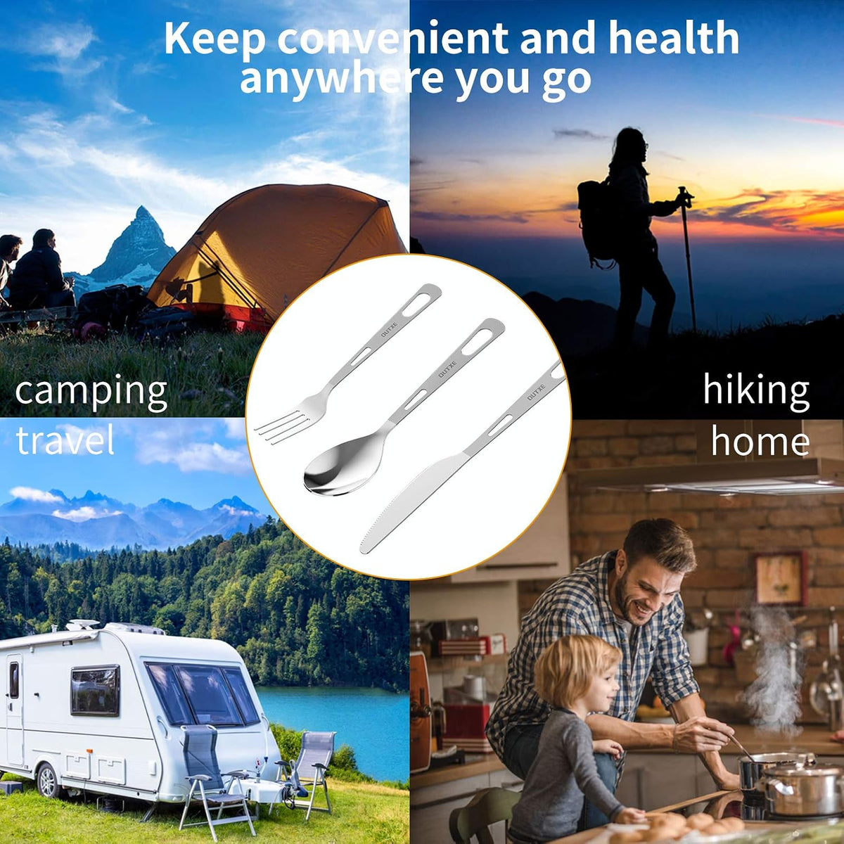 Titanium Flatware Knife Fork Spoon Set Lightweight Ti Camping Utility Cutlery Set with Carrying Bag for Traveling Picnic Hiking