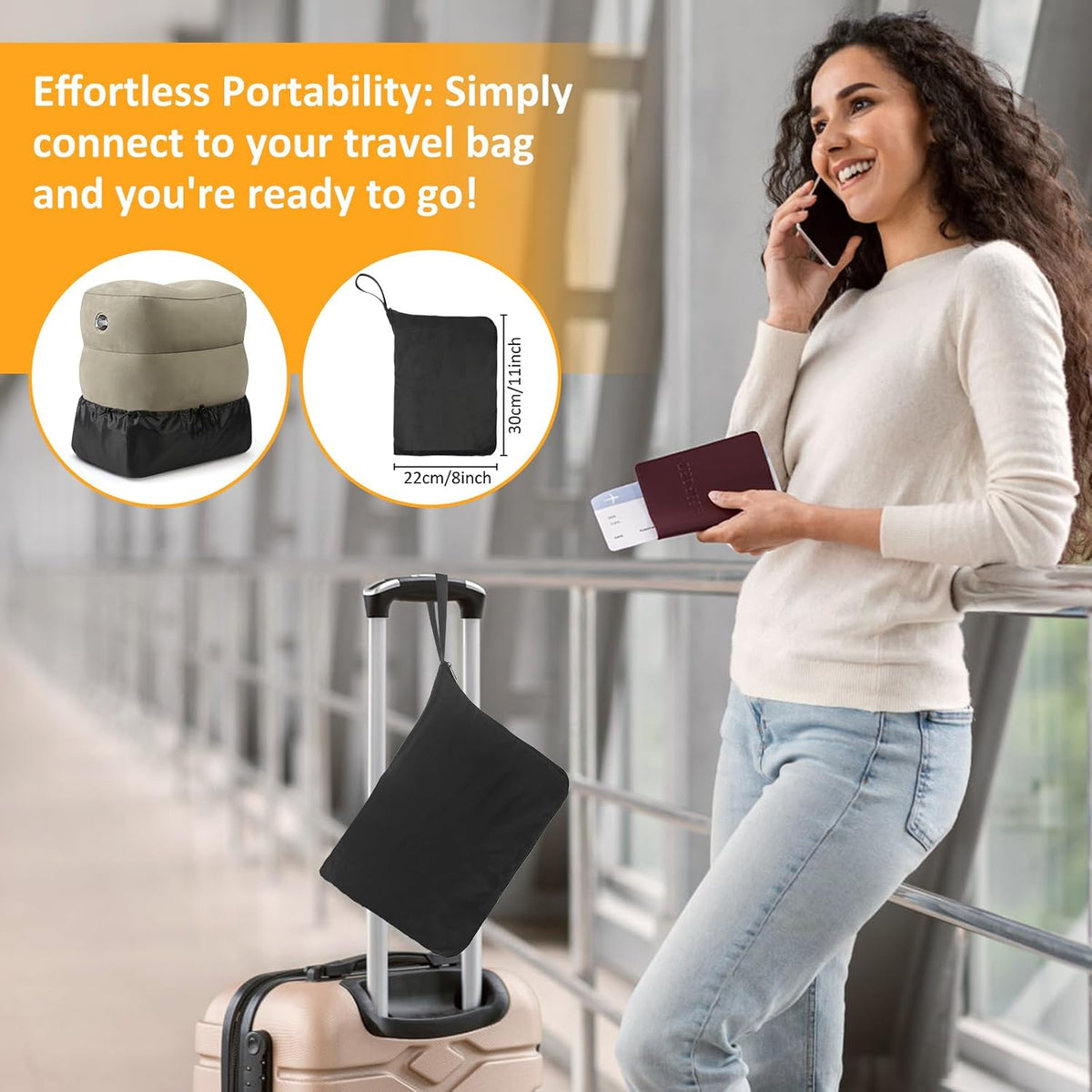 Inflatable Foot Rest Pillow for Travel - Adjustable Height Flight Foot Rest with Eye Mask and Earplugs for Kids & Adults on Airplane, Car, Train, Office, and Home (Gray, 2 PCS)