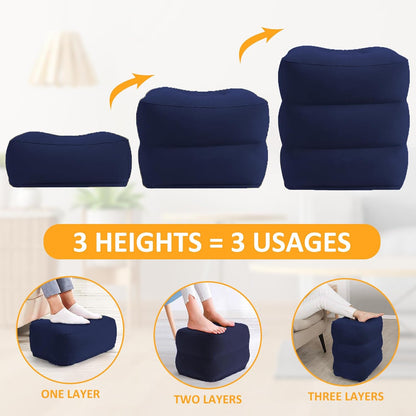 Inflatable Foot Rest Pillow for Travel - Adjustable Height Flight Foot Rest with Eye Mask and Earplugs for Kids & Adults on Airplane, Car, Train, Office, and Home (Gray, 2 PCS)