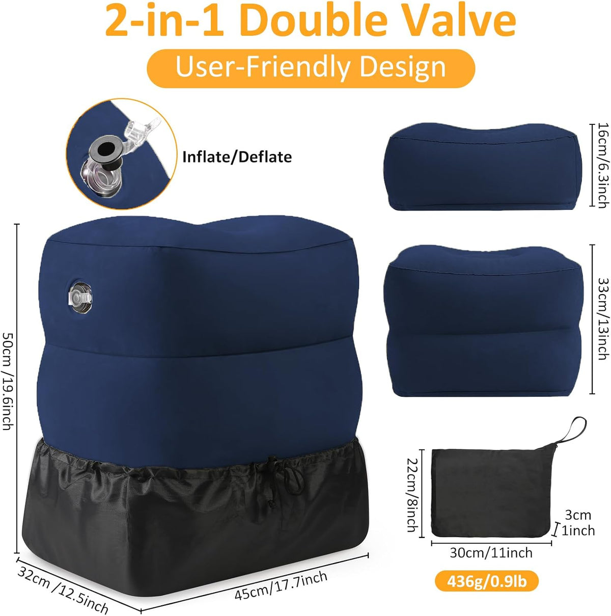 Inflatable Foot Rest Pillow for Travel - Adjustable Height Flight Foot Rest with Eye Mask and Earplugs for Kids & Adults on Airplane, Car, Train, Office, and Home (Gray, 2 PCS)
