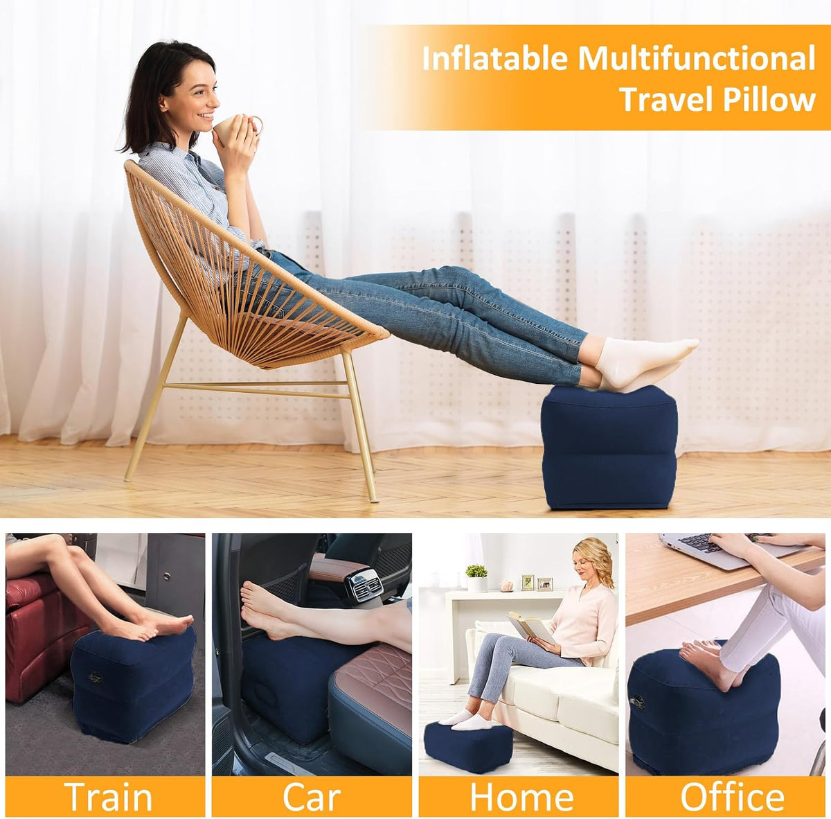 Inflatable Foot Rest Pillow for Travel - Adjustable Height Flight Foot Rest with Eye Mask and Earplugs for Kids & Adults on Airplane, Car, Train, Office, and Home (Gray, 2 PCS)