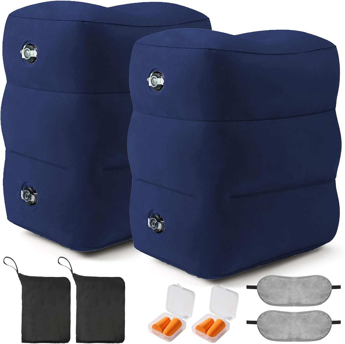 Inflatable Foot Rest Pillow for Travel - Adjustable Height Flight Foot Rest with Eye Mask and Earplugs for Kids & Adults on Airplane, Car, Train, Office, and Home (Gray, 2 PCS)