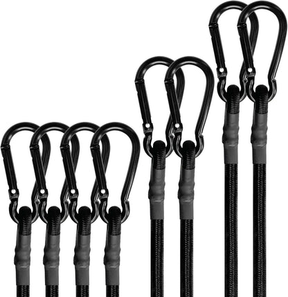 Bungee Cords with Carabiner Hooks Heavy Duty, Outdoor Black Bungee Straps, Strong Industrial Grade Elastic Bungee Rope for Securing Tarps, Luggage, Tents，Bikes, 12in + 24in + 48in，