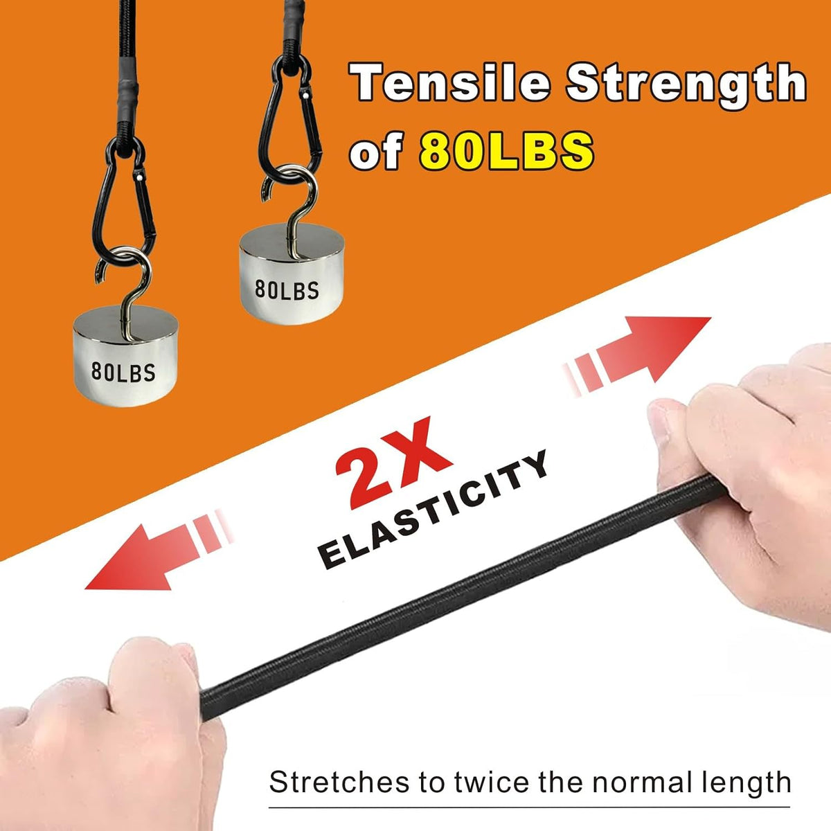 Bungee Cords with Carabiner Hooks Heavy Duty, Outdoor Black Bungee Straps, Strong Industrial Grade Elastic Bungee Rope for Securing Tarps, Luggage, Tents，Bikes, 12in + 24in + 48in，