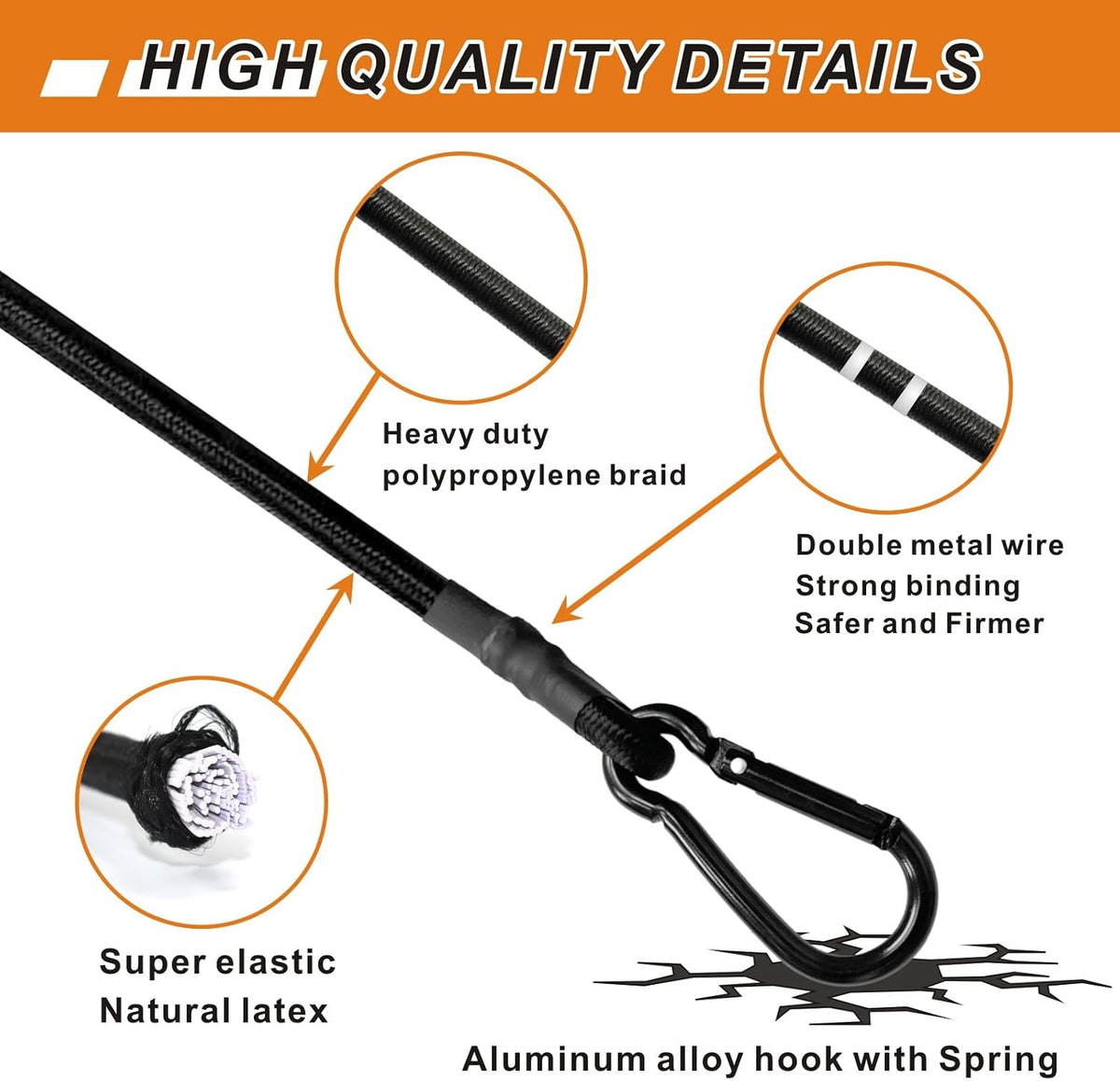 Bungee Cords with Carabiner Hooks Heavy Duty, Outdoor Black Bungee Straps, Strong Industrial Grade Elastic Bungee Rope for Securing Tarps, Luggage, Tents，Bikes, 12in + 24in + 48in，