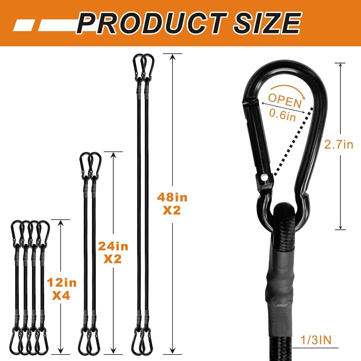 Bungee Cords with Carabiner Hooks Heavy Duty, Outdoor Black Bungee Straps, Strong Industrial Grade Elastic Bungee Rope for Securing Tarps, Luggage, Tents，Bikes, 12in + 24in + 48in，