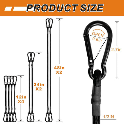 Bungee Cords with Carabiner Hooks Heavy Duty, Outdoor Black Bungee Straps, Strong Industrial Grade Elastic Bungee Rope for Securing Tarps, Luggage, Tents，Bikes, 12in + 24in + 48in，