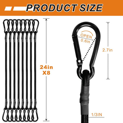 Bungee Cords with Carabiner Hooks Heavy Duty, Outdoor Black Bungee Straps, Strong Industrial Grade Elastic Bungee Rope for Securing Tarps, Luggage, Tents，Bikes, 12in + 24in + 48in，