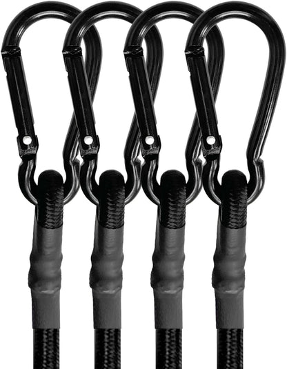 Bungee Cords with Carabiner Hooks Heavy Duty, Outdoor Black Bungee Straps, Strong Industrial Grade Elastic Bungee Rope for Securing Tarps, Luggage, Tents，Bikes, 12in + 24in + 48in，