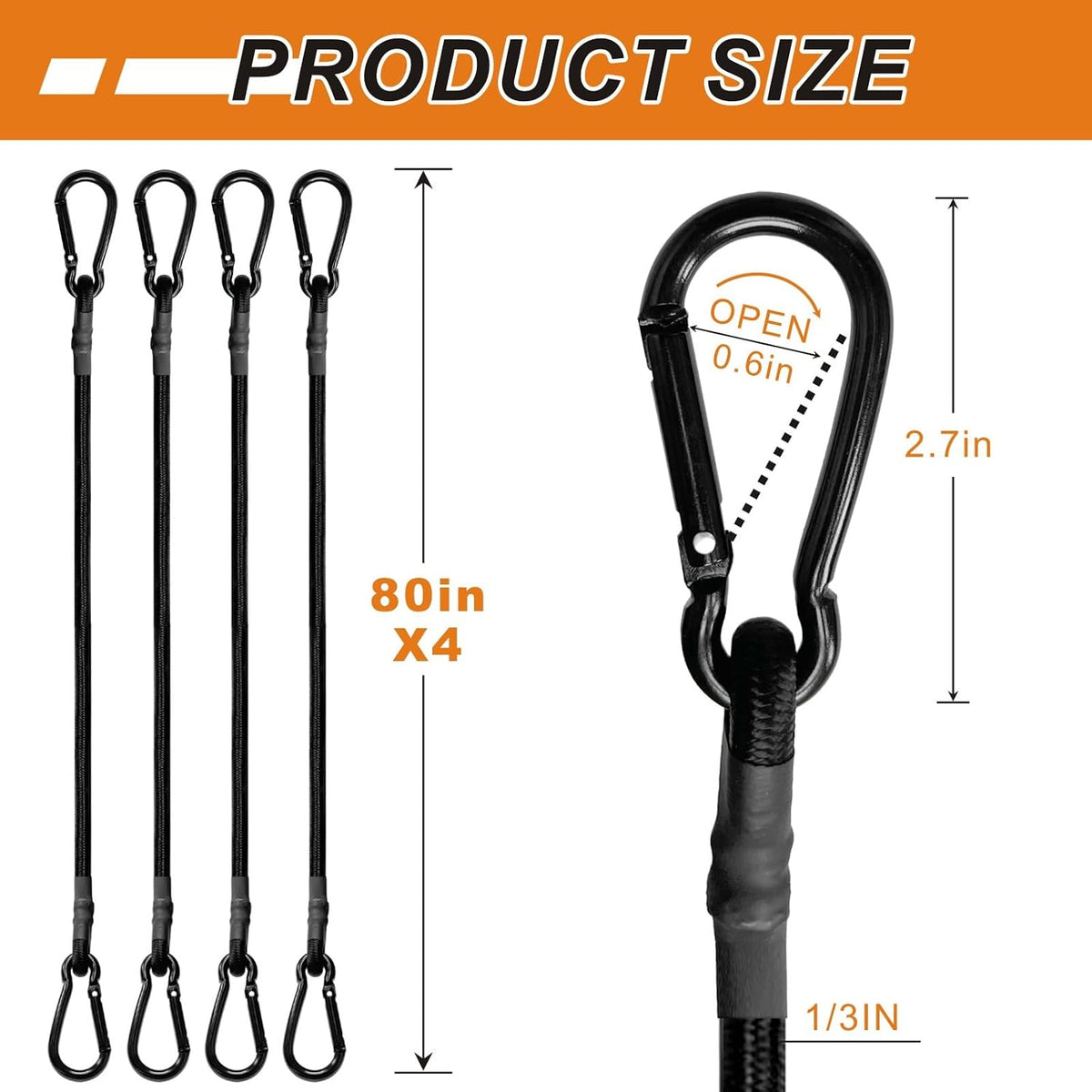 Bungee Cords with Carabiner Hooks Heavy Duty, Outdoor Black Bungee Straps, Strong Industrial Grade Elastic Bungee Rope for Securing Tarps, Luggage, Tents，Bikes, 12in + 24in + 48in，