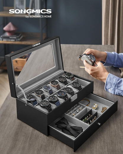 SONGMICS Watch Box, 12-Slot Watch Case Organizer with Large Glass Lid, 2 Layers, Removable Pillows, Metal Lock, Gift for Loved Ones, Black Synthetic Leather, Gray Lining UJWB012