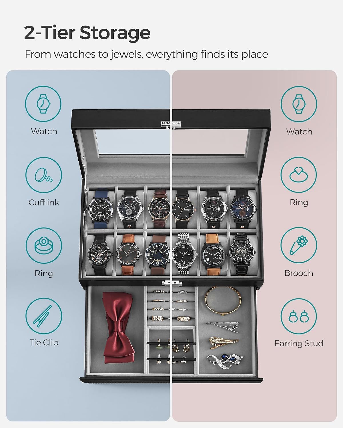 SONGMICS Watch Box, 12-Slot Watch Case Organizer with Large Glass Lid, 2 Layers, Removable Pillows, Metal Lock, Gift for Loved Ones, Black Synthetic Leather, Gray Lining UJWB012