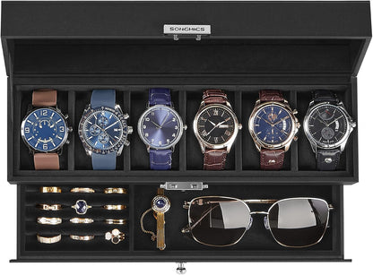 SONGMICS Watch Box, 12-Slot Watch Case Organizer with Large Glass Lid, 2 Layers, Removable Pillows, Metal Lock, Gift for Loved Ones, Black Synthetic Leather, Gray Lining UJWB012