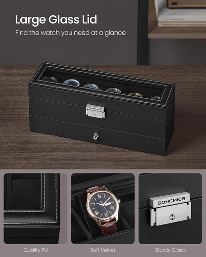 SONGMICS Watch Box, 12-Slot Watch Case Organizer with Large Glass Lid, 2 Layers, Removable Pillows, Metal Lock, Gift for Loved Ones, Black Synthetic Leather, Gray Lining UJWB012