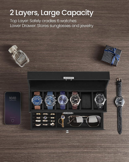 SONGMICS Watch Box, 12-Slot Watch Case Organizer with Large Glass Lid, 2 Layers, Removable Pillows, Metal Lock, Gift for Loved Ones, Black Synthetic Leather, Gray Lining UJWB012