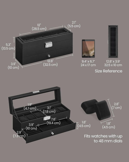 SONGMICS Watch Box, 12-Slot Watch Case Organizer with Large Glass Lid, 2 Layers, Removable Pillows, Metal Lock, Gift for Loved Ones, Black Synthetic Leather, Gray Lining UJWB012