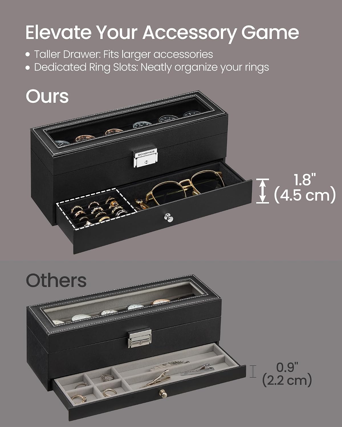 SONGMICS Watch Box, 12-Slot Watch Case Organizer with Large Glass Lid, 2 Layers, Removable Pillows, Metal Lock, Gift for Loved Ones, Black Synthetic Leather, Gray Lining UJWB012