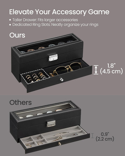 SONGMICS Watch Box, 12-Slot Watch Case Organizer with Large Glass Lid, 2 Layers, Removable Pillows, Metal Lock, Gift for Loved Ones, Black Synthetic Leather, Gray Lining UJWB012