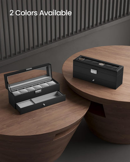 SONGMICS Watch Box, 12-Slot Watch Case Organizer with Large Glass Lid, 2 Layers, Removable Pillows, Metal Lock, Gift for Loved Ones, Black Synthetic Leather, Gray Lining UJWB012