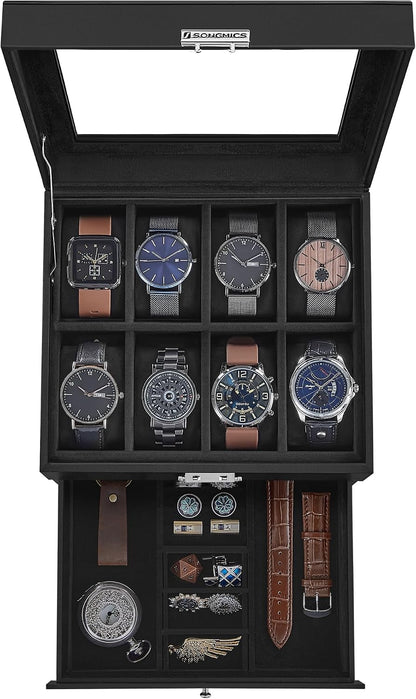 SONGMICS Watch Box, 12-Slot Watch Case Organizer with Large Glass Lid, 2 Layers, Removable Pillows, Metal Lock, Gift for Loved Ones, Black Synthetic Leather, Gray Lining UJWB012