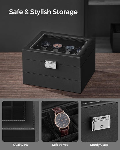 SONGMICS Watch Box, 12-Slot Watch Case Organizer with Large Glass Lid, 2 Layers, Removable Pillows, Metal Lock, Gift for Loved Ones, Black Synthetic Leather, Gray Lining UJWB012