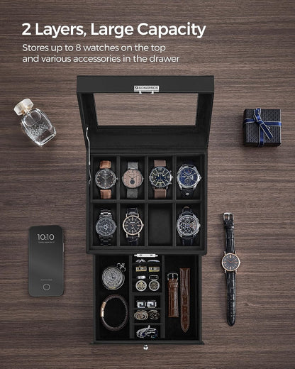 SONGMICS Watch Box, 12-Slot Watch Case Organizer with Large Glass Lid, 2 Layers, Removable Pillows, Metal Lock, Gift for Loved Ones, Black Synthetic Leather, Gray Lining UJWB012