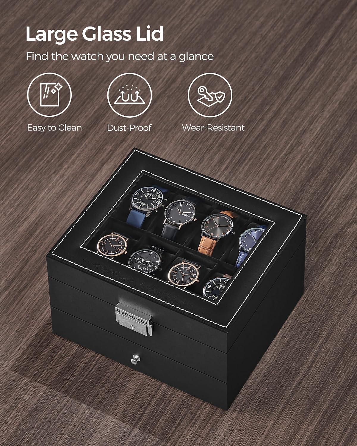 SONGMICS Watch Box, 12-Slot Watch Case Organizer with Large Glass Lid, 2 Layers, Removable Pillows, Metal Lock, Gift for Loved Ones, Black Synthetic Leather, Gray Lining UJWB012