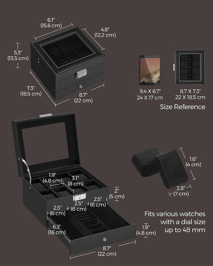 SONGMICS Watch Box, 12-Slot Watch Case Organizer with Large Glass Lid, 2 Layers, Removable Pillows, Metal Lock, Gift for Loved Ones, Black Synthetic Leather, Gray Lining UJWB012