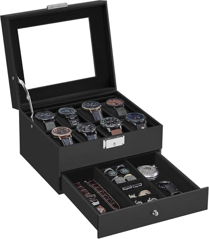 SONGMICS Watch Box, 12-Slot Watch Case Organizer with Large Glass Lid, 2 Layers, Removable Pillows, Metal Lock, Gift for Loved Ones, Black Synthetic Leather, Gray Lining UJWB012