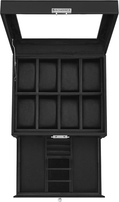 SONGMICS Watch Box, 12-Slot Watch Case Organizer with Large Glass Lid, 2 Layers, Removable Pillows, Metal Lock, Gift for Loved Ones, Black Synthetic Leather, Gray Lining UJWB012