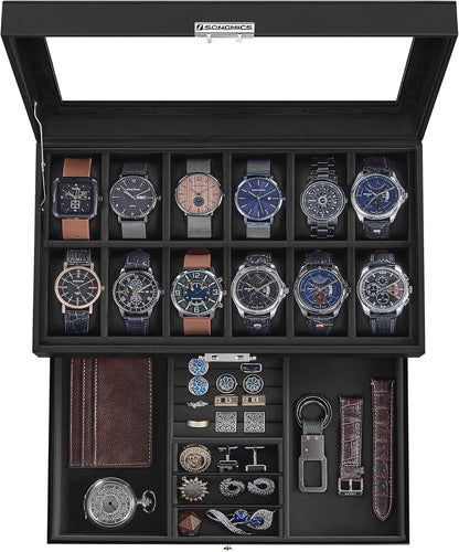 SONGMICS Watch Box, 12-Slot Watch Case Organizer with Large Glass Lid, 2 Layers, Removable Pillows, Metal Lock, Gift for Loved Ones, Black Synthetic Leather, Gray Lining UJWB012