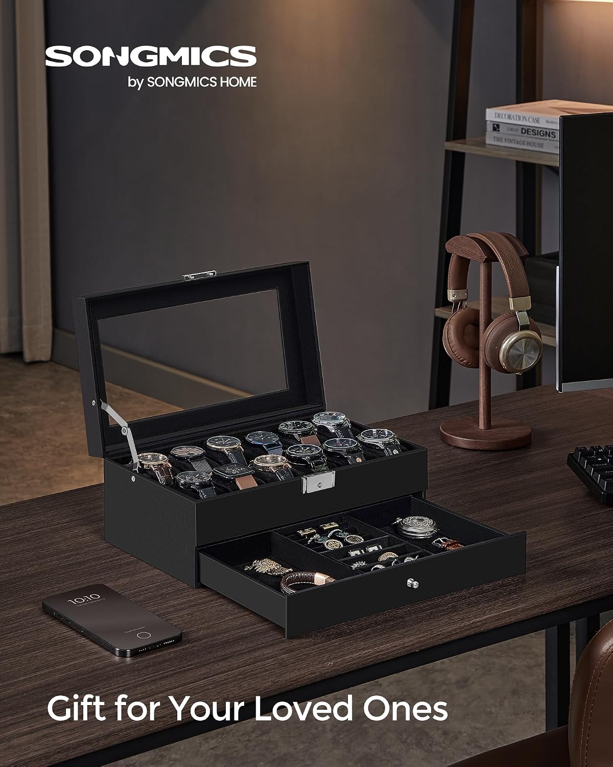 SONGMICS Watch Box, 12-Slot Watch Case Organizer with Large Glass Lid, 2 Layers, Removable Pillows, Metal Lock, Gift for Loved Ones, Black Synthetic Leather, Gray Lining UJWB012
