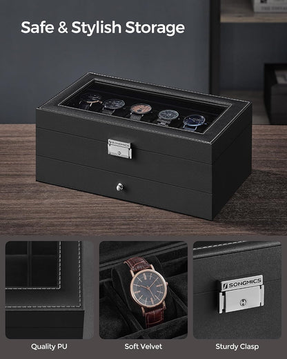 SONGMICS Watch Box, 12-Slot Watch Case Organizer with Large Glass Lid, 2 Layers, Removable Pillows, Metal Lock, Gift for Loved Ones, Black Synthetic Leather, Gray Lining UJWB012
