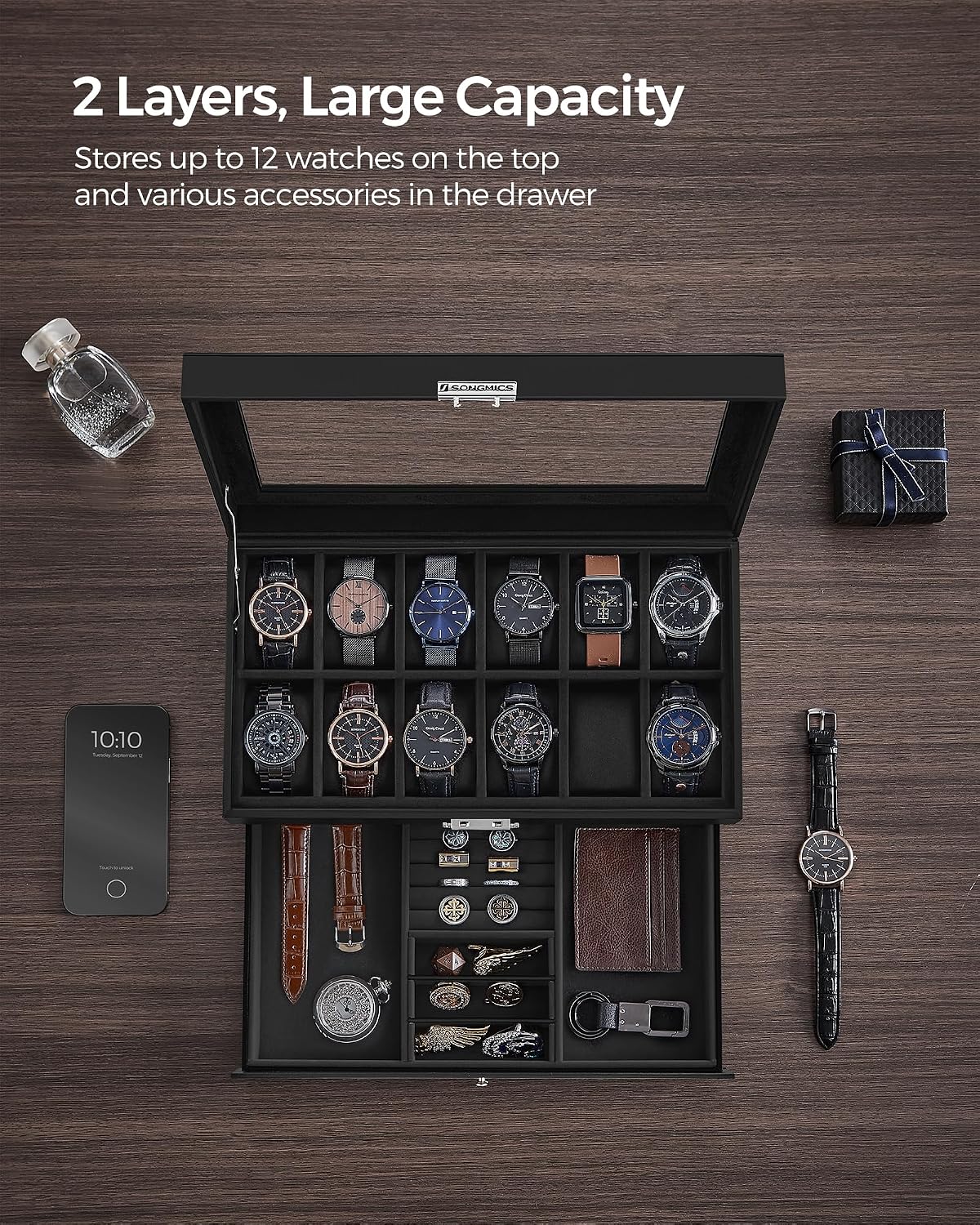 SONGMICS Watch Box, 12-Slot Watch Case Organizer with Large Glass Lid, 2 Layers, Removable Pillows, Metal Lock, Gift for Loved Ones, Black Synthetic Leather, Gray Lining UJWB012