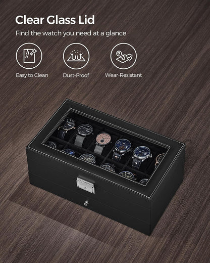 SONGMICS Watch Box, 12-Slot Watch Case Organizer with Large Glass Lid, 2 Layers, Removable Pillows, Metal Lock, Gift for Loved Ones, Black Synthetic Leather, Gray Lining UJWB012