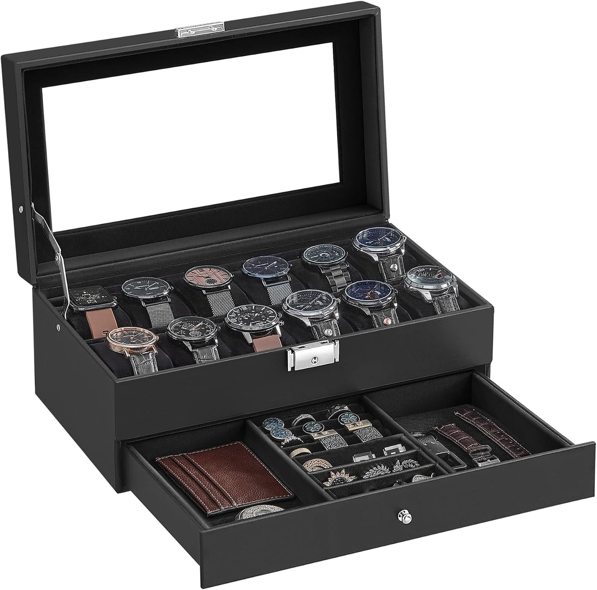 SONGMICS Watch Box, 12-Slot Watch Case Organizer with Large Glass Lid, 2 Layers, Removable Pillows, Metal Lock, Gift for Loved Ones, Black Synthetic Leather, Gray Lining UJWB012