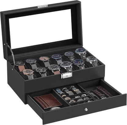 SONGMICS Watch Box, 12-Slot Watch Case Organizer with Large Glass Lid, 2 Layers, Removable Pillows, Metal Lock, Gift for Loved Ones, Black Synthetic Leather, Gray Lining UJWB012