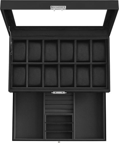 SONGMICS Watch Box, 12-Slot Watch Case Organizer with Large Glass Lid, 2 Layers, Removable Pillows, Metal Lock, Gift for Loved Ones, Black Synthetic Leather, Gray Lining UJWB012