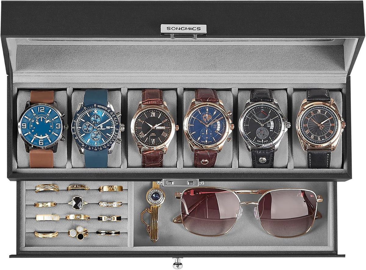SONGMICS Watch Box, 12-Slot Watch Case Organizer with Large Glass Lid, 2 Layers, Removable Pillows, Metal Lock, Gift for Loved Ones, Black Synthetic Leather, Gray Lining UJWB012
