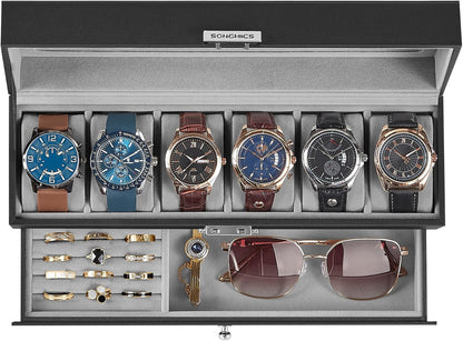 SONGMICS Watch Box, 12-Slot Watch Case Organizer with Large Glass Lid, 2 Layers, Removable Pillows, Metal Lock, Gift for Loved Ones, Black Synthetic Leather, Gray Lining UJWB012