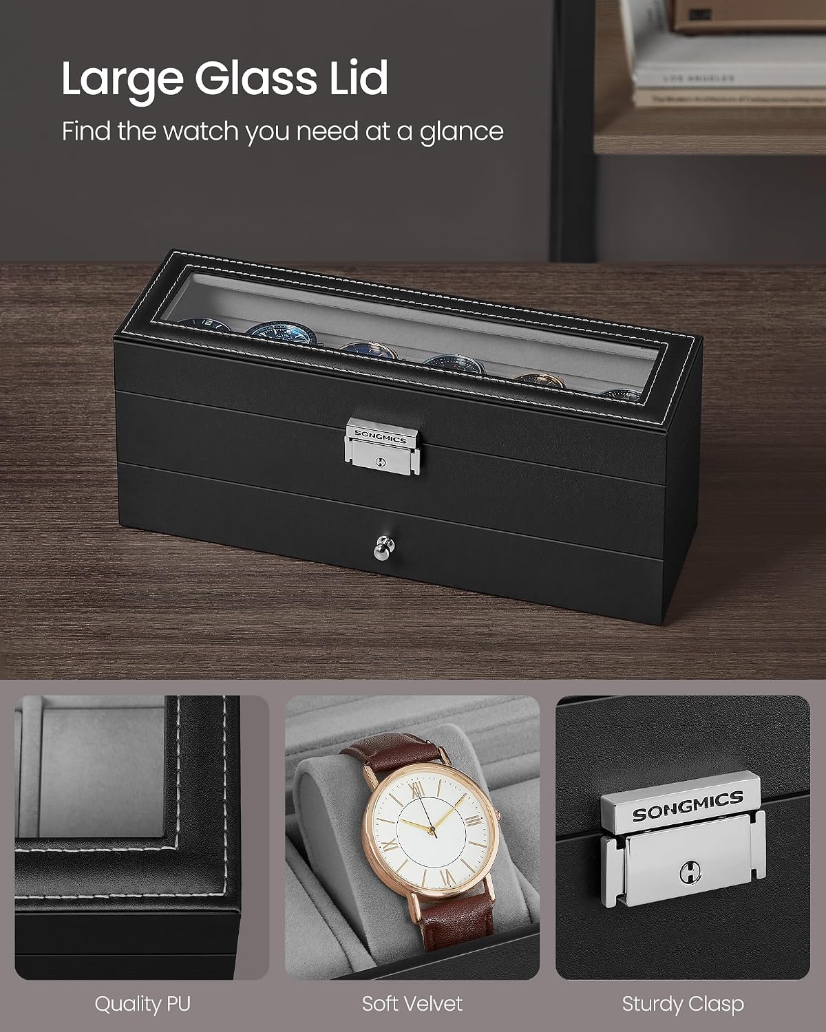 SONGMICS Watch Box, 12-Slot Watch Case Organizer with Large Glass Lid, 2 Layers, Removable Pillows, Metal Lock, Gift for Loved Ones, Black Synthetic Leather, Gray Lining UJWB012