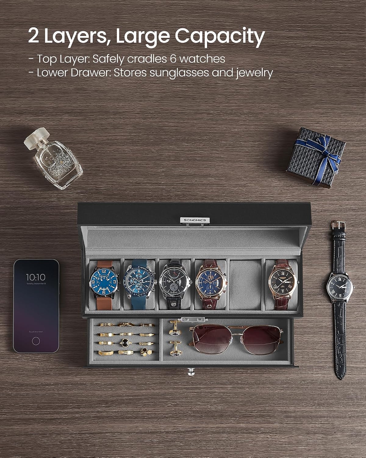 SONGMICS Watch Box, 12-Slot Watch Case Organizer with Large Glass Lid, 2 Layers, Removable Pillows, Metal Lock, Gift for Loved Ones, Black Synthetic Leather, Gray Lining UJWB012
