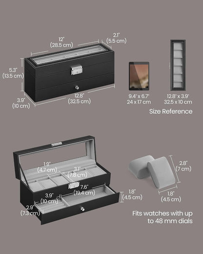 SONGMICS Watch Box, 12-Slot Watch Case Organizer with Large Glass Lid, 2 Layers, Removable Pillows, Metal Lock, Gift for Loved Ones, Black Synthetic Leather, Gray Lining UJWB012