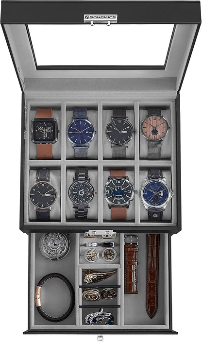 SONGMICS Watch Box, 12-Slot Watch Case Organizer with Large Glass Lid, 2 Layers, Removable Pillows, Metal Lock, Gift for Loved Ones, Black Synthetic Leather, Gray Lining UJWB012